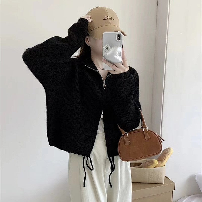Solid Color Long Sleeve Zipper Drawstring Hemline Knitted Cardigan Sweater