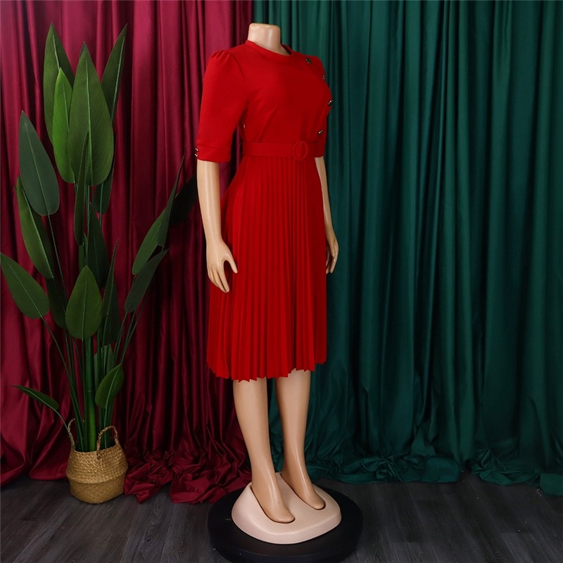 Solid Color Pleated Button Front Dress