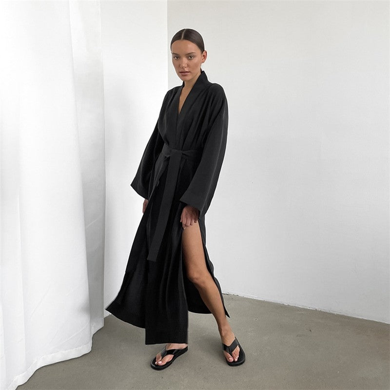 Long Sleeve Solid Color Night Gown with Waist Tie and Slit