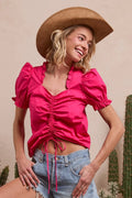Ruffled Square Neck With Front Ruched Puff Sleeve