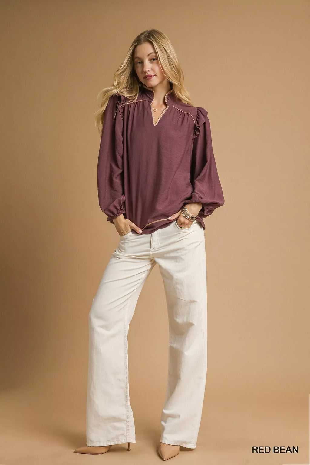Ruffle Shoulder Long Sleeve Blouse