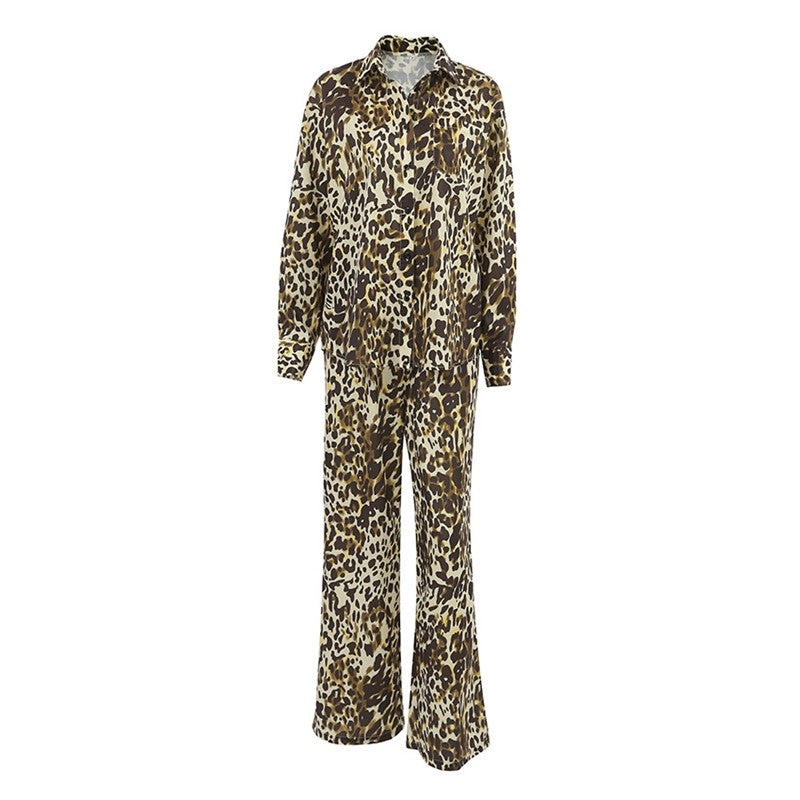 Leopard Print Loose Fit Lapel Long Sleeve Blouse and Ants Two-Piece Lounge Suit
