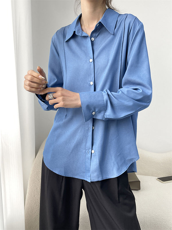 Long Sleeves Loose Pleated Split-Joint Lapel Blouses&Shirts Tops