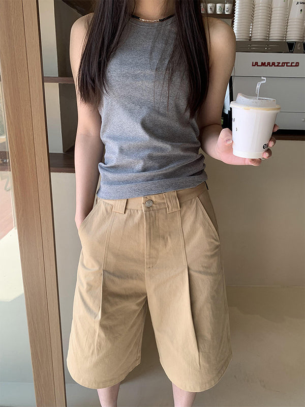 High Waisted Loose Pleated Solid Color Half Pants Shorts Bottoms