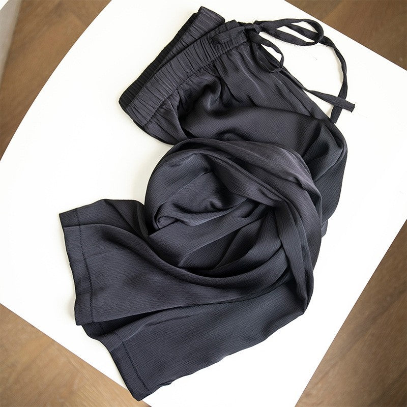 Wide Leg Satin Pants with Elastic Waist - Solid Color