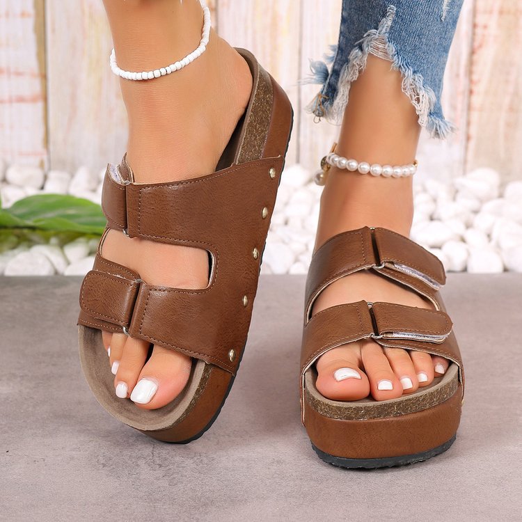 Women's Platform Sandals with Velcro Straps - Thick Sole Beach Shoes with Rivet Details