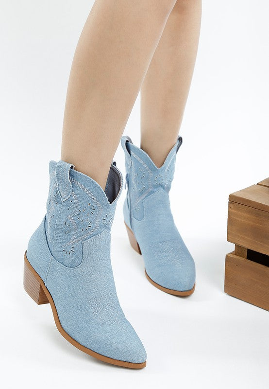 Nigara Cut Out Detail Denim Cowboy Boots