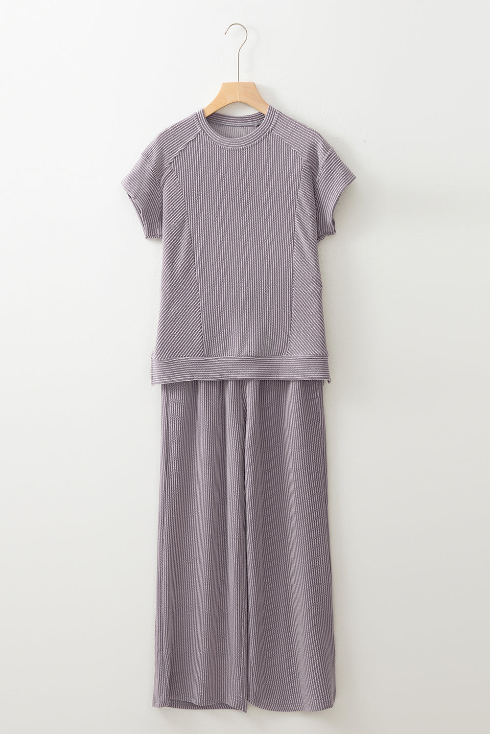 Wild Wind Solid Corded Knit Short Sleeve T Shirt and Wide Leg Pants Set