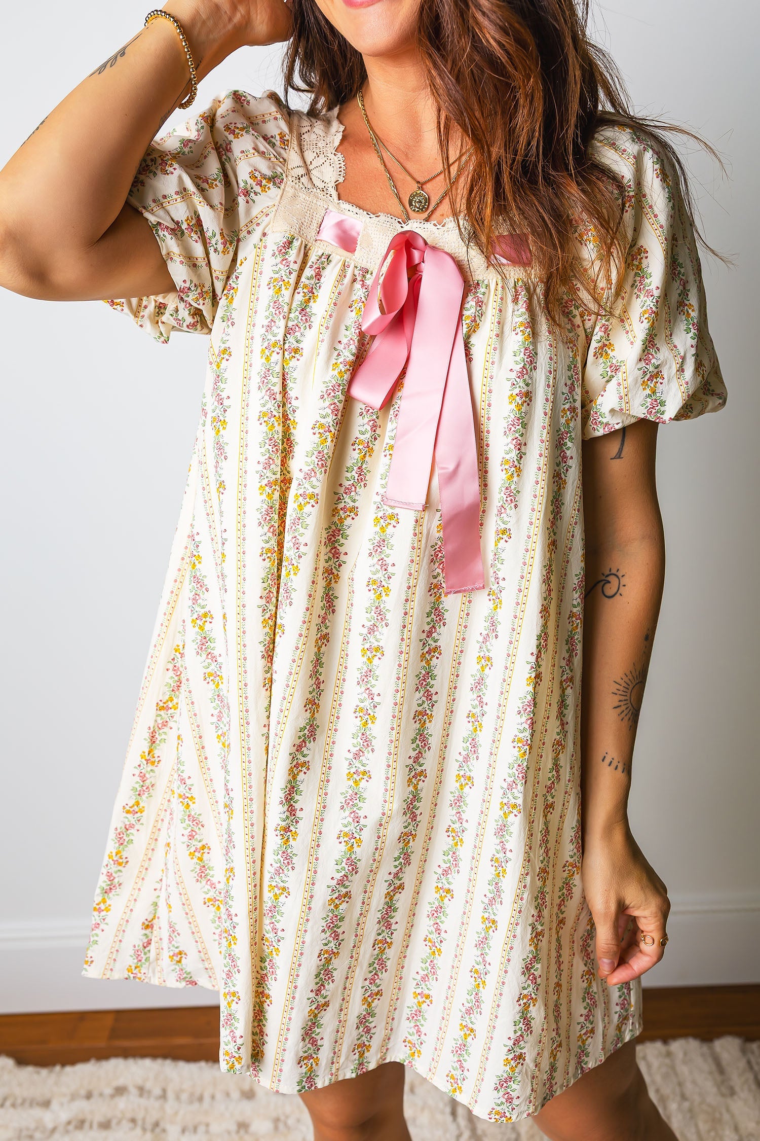 Multicolour Floral Print Contrast Ribbon Bow Lace Trim Square Neck Mini Dress