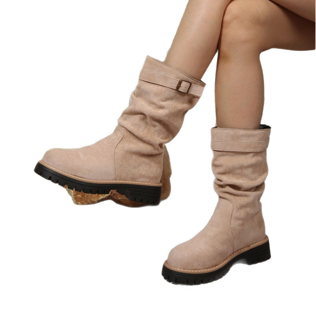 Women's Retro Mid-Calf Riding Boots | Platform Square Heel Slip-On