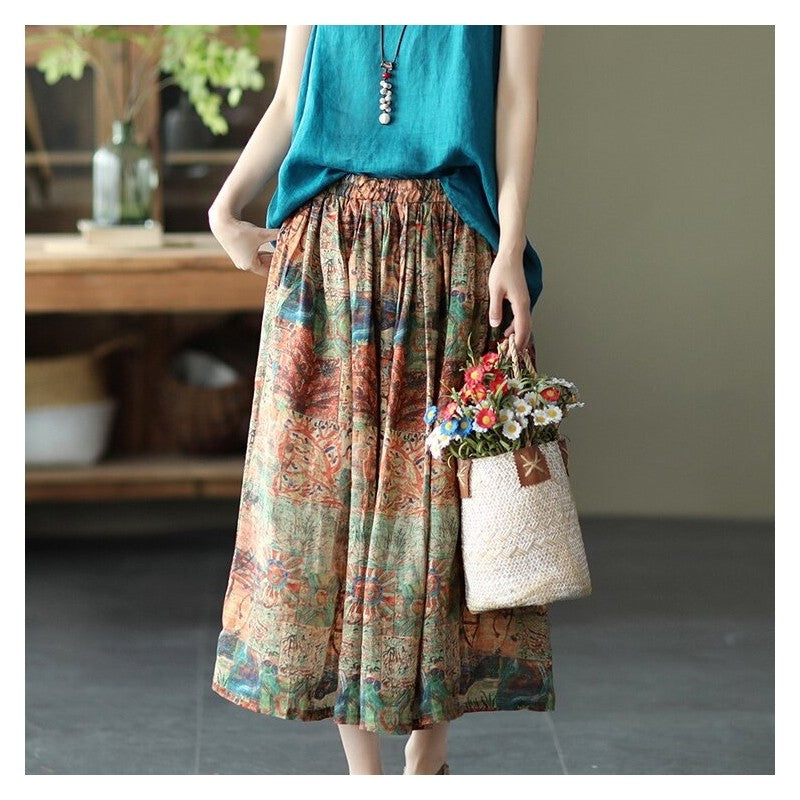 Flowy Floral Print Maxi Skirt with Elastic Waistband