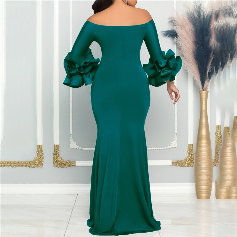 One-Shoulder Solid Color Evening Dress with Slit and Ruffle Sleeve