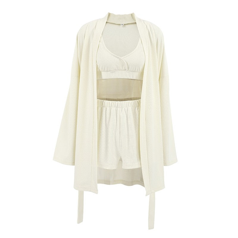 Waffle Pattern Bralette, Waist-Tied Cardigan, and Shorts Set - Cozy Loungewear
