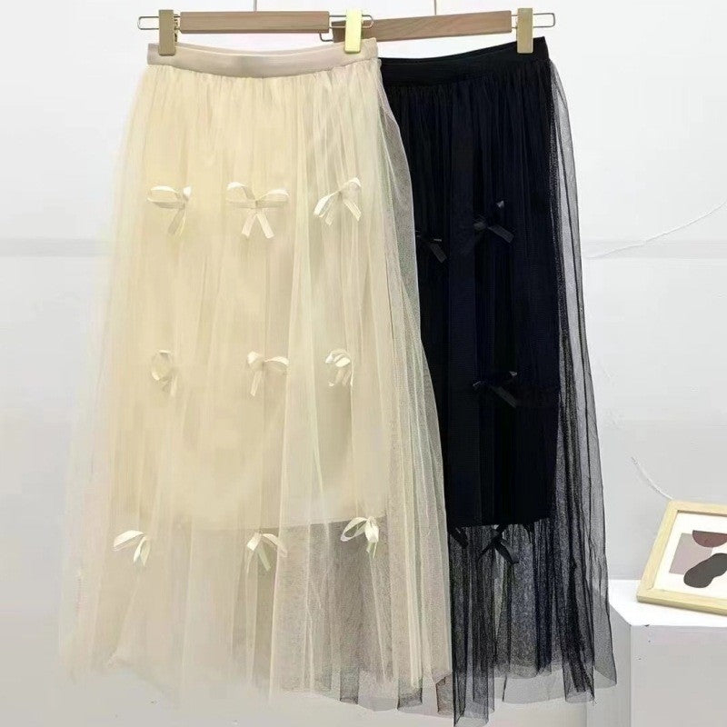 Solid Color Elastic Waist Bowknots Embellished Mesh Skirt