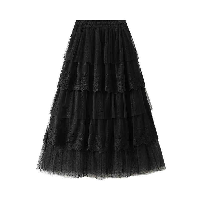Layered Lace Patchwork A-Line Skirt in Solid Color