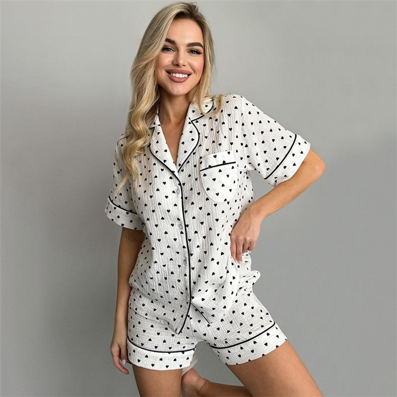 Heart Print Short Sleeve Pajama Set for Women - Breathable Fabric