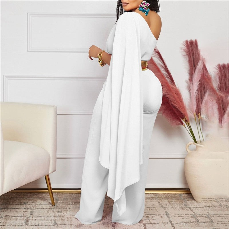 Solid Color Off-Shoulder Pleated Patchwork Jumpsuit