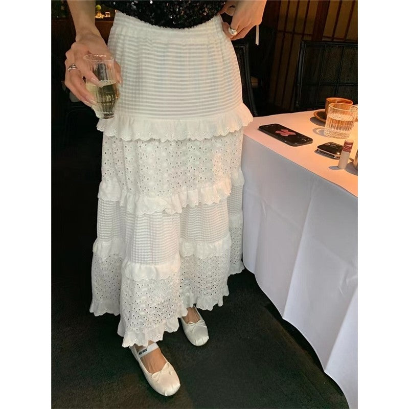A-Line Lace Patchwork Skirt with Elastic Waist in Solid Color