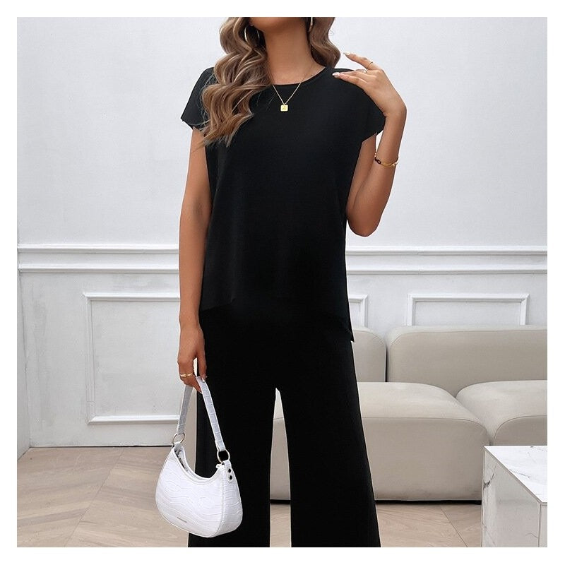 Solid Color Casual Knit Short Sleeve Sweater and Trouser Set