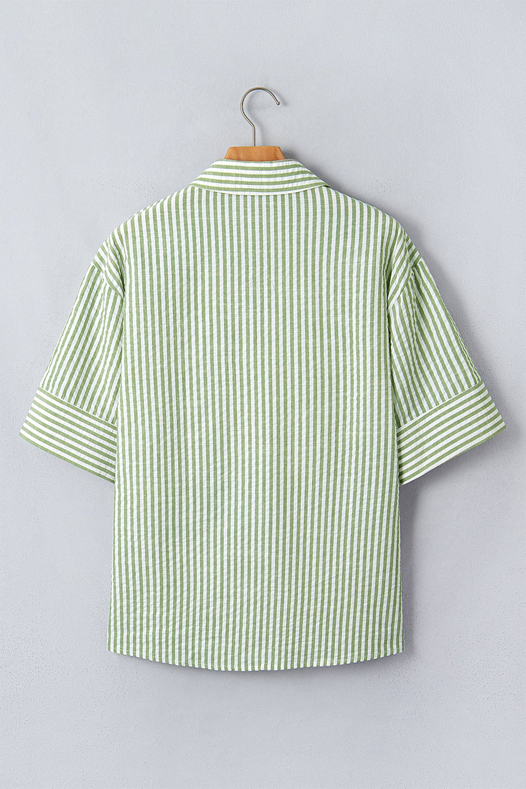 Green Stripe Shirt Collar Half Sleeve Blouse