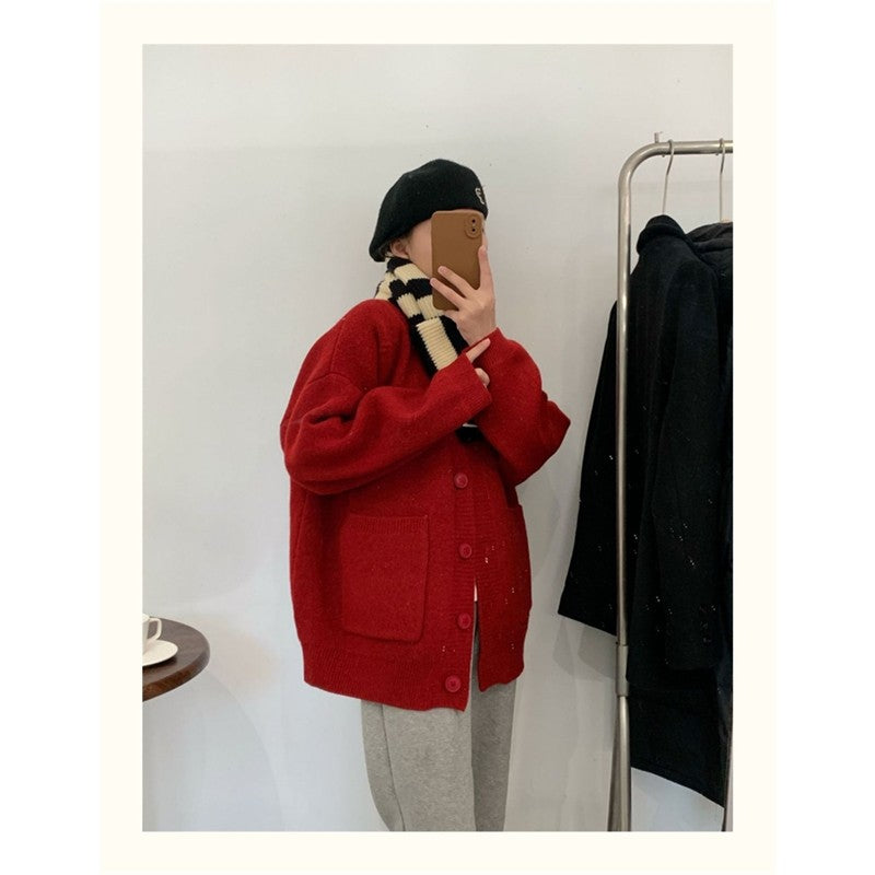 Solid Color Long Sleeve Large Pockets Casual Loose Knitted Cardigan