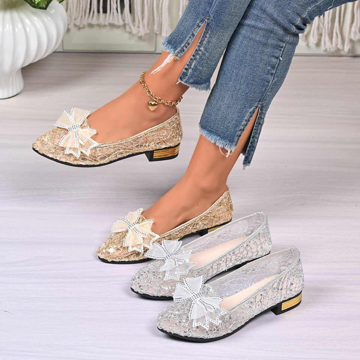 Women's Pointed Toe Mesh Bow Heels – Breathable Slip-On Chunky Low Heel Dress Shoes