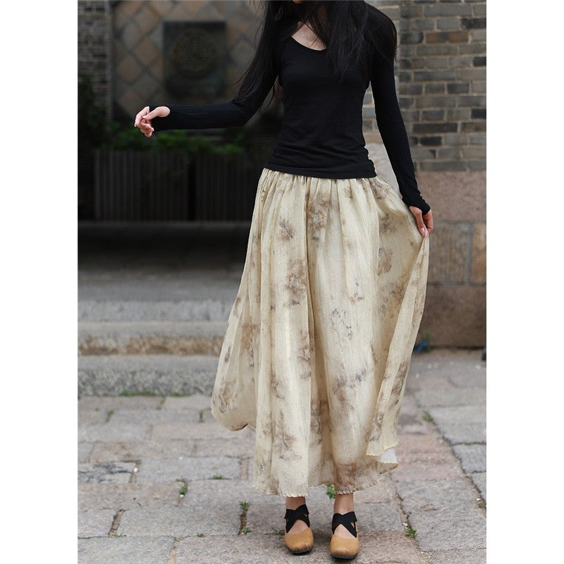 Vintage Tie-Dye Plant Ink Printed Maxi Skirt