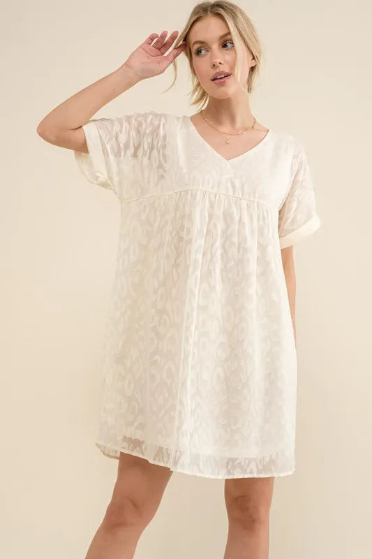 Woven Leopard Baby Doll Roll-Sleeve Casual Dress