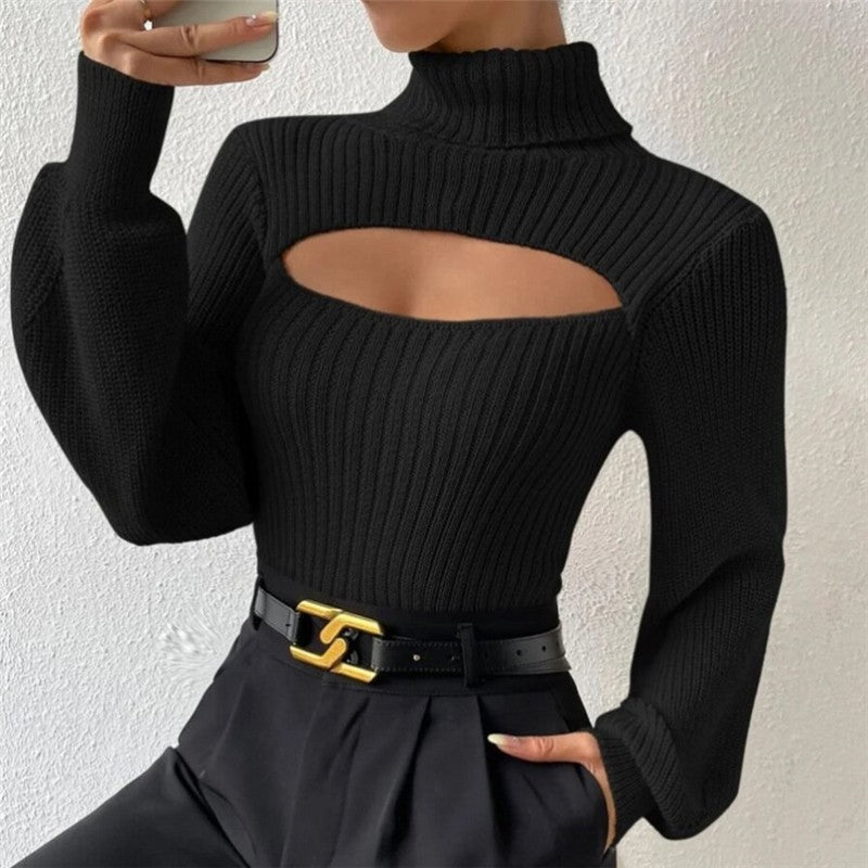 Sexy Hollow Out Solid Color Turtleneck Knit Sweater