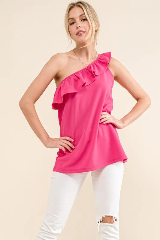 Ruffle One Shoulder Sleeveless Tank Top