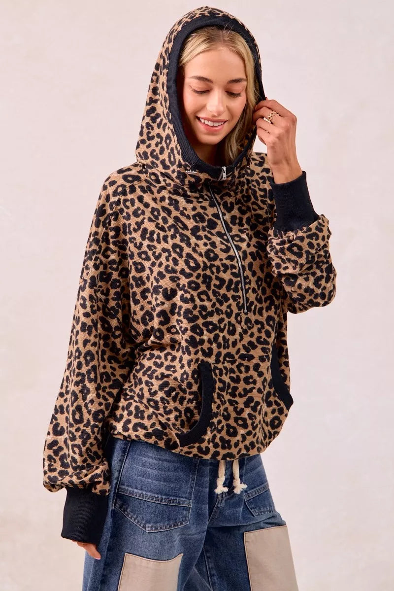Leopard Print Waffle Half Zip Up Hoodie W Pocket