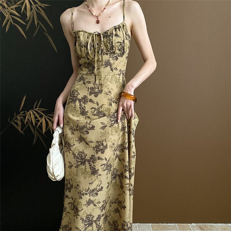 Floral Ink Print Strappy Waist-Tie Cami Dress