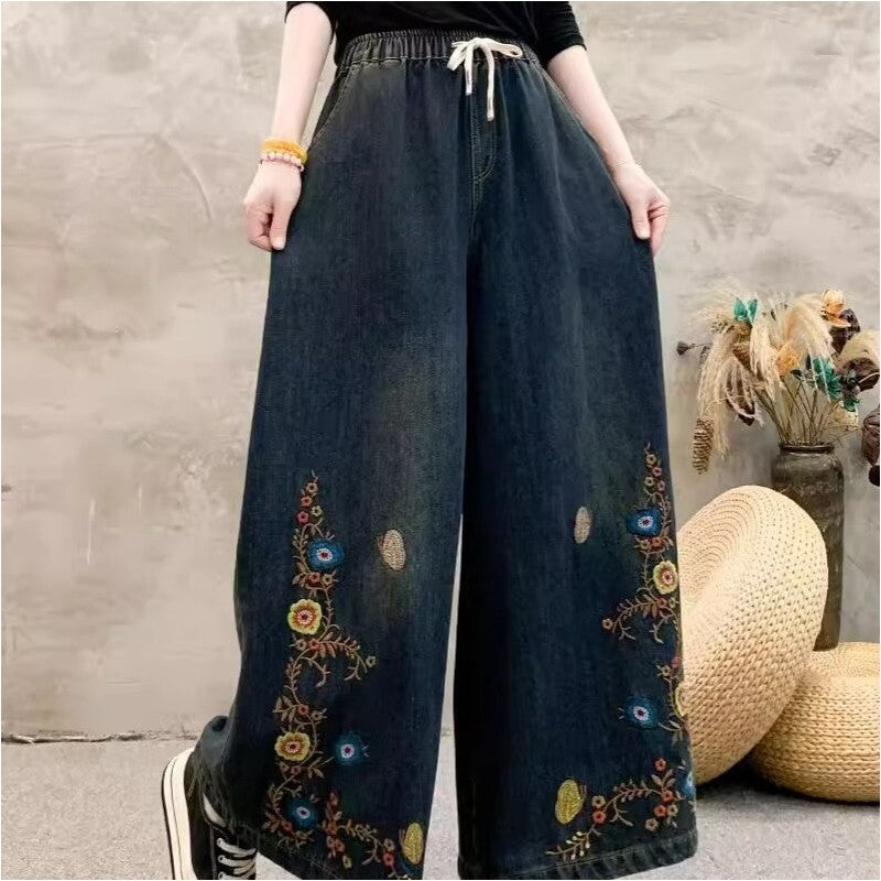 Embroidered High-Waisted Wide Leg Trousers With Tie Waist