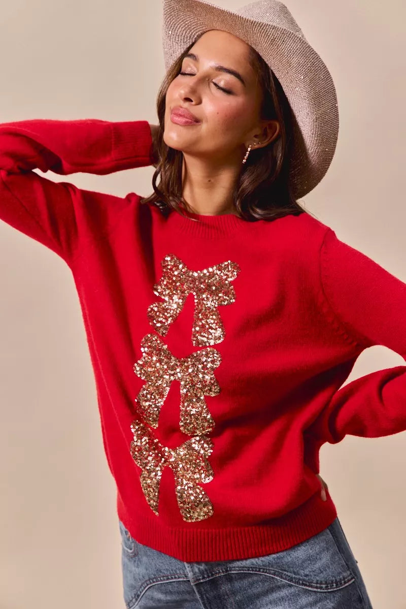 Sequins Bow Ribbon Embellished Christmas Sweater
