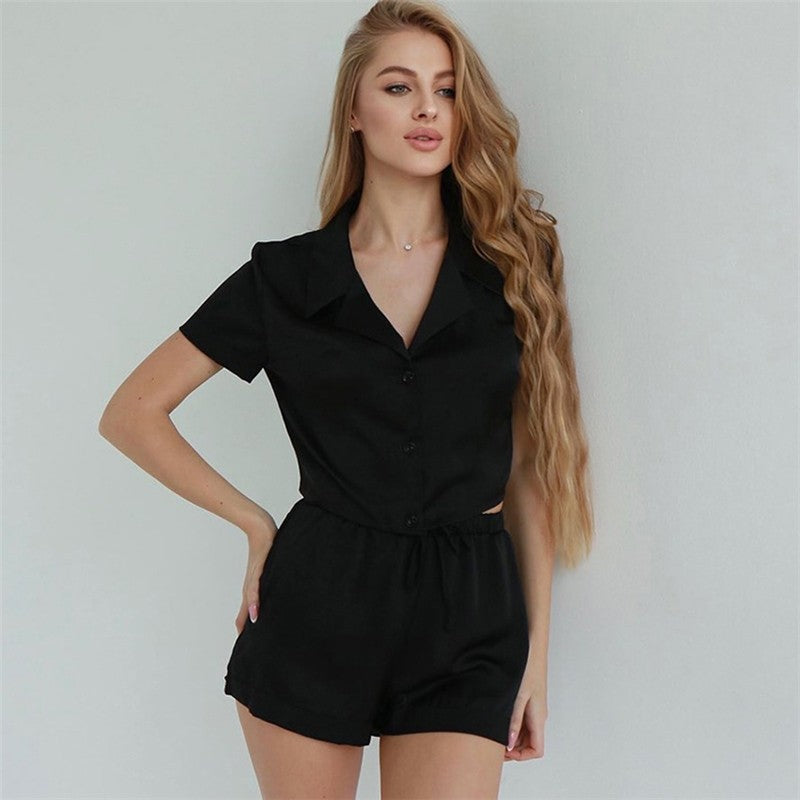 Solid Color Satin Short Sleeve Lapel Buttoned Pajama Suit