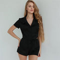 Solid Color Satin Short Sleeve Lapel Buttoned Pajama Suit