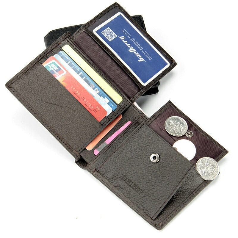 Men's Genuine Leather Bifold Wallet – Full-Grain Cowhide Short Coin Purse