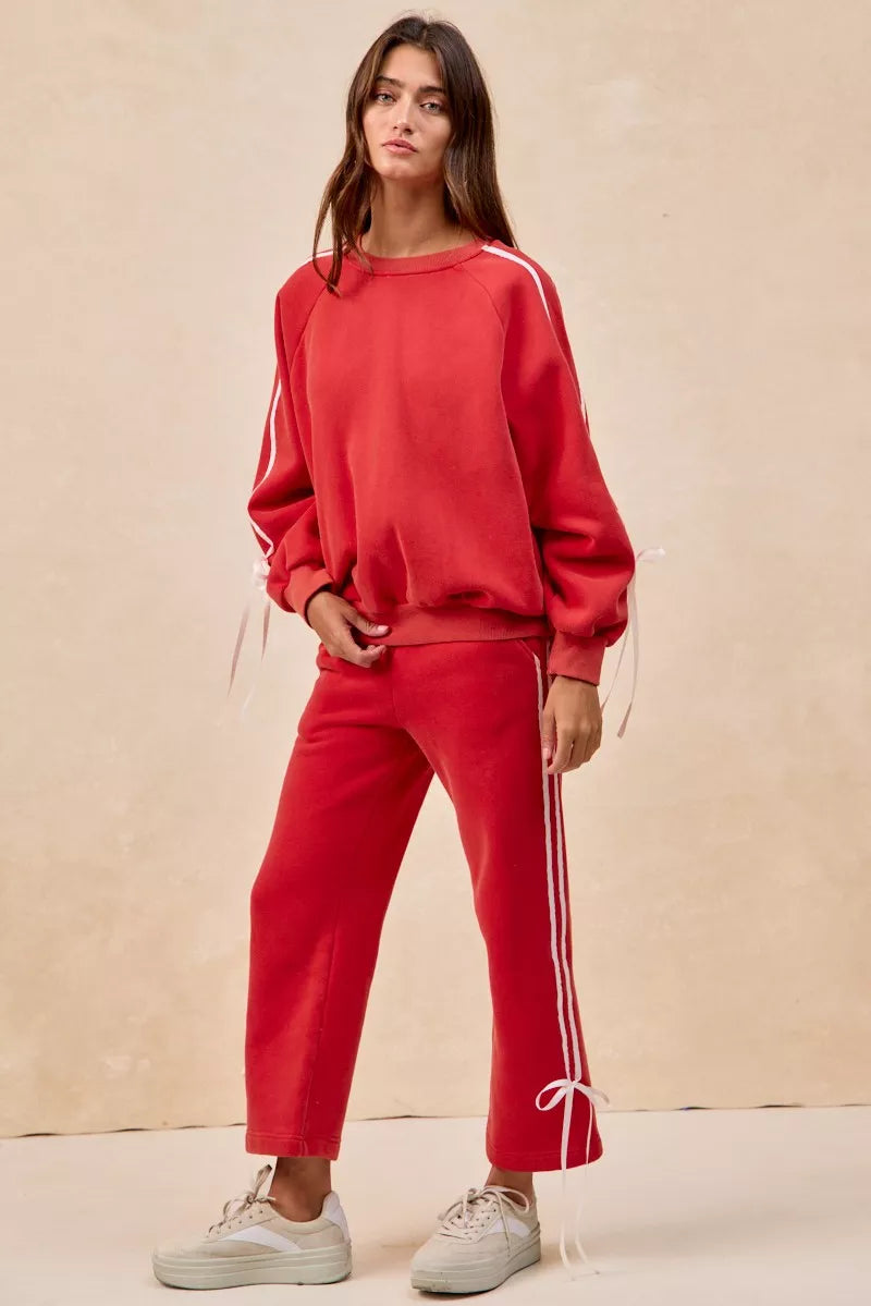 Side Lined Bow Details Fleece Sweatpants