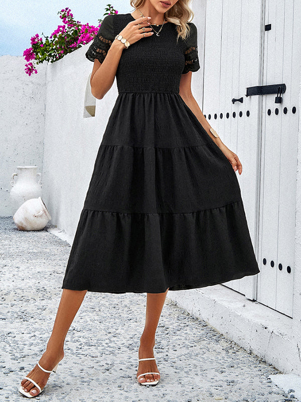 A-Line Loose Elasticity Hollow Solid Color Split-Joint Round-Neck Midi Dresses