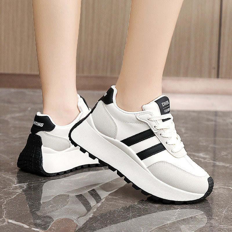 Women's Thick Soled PU Leather Color-Block Height Increasing Lace-Up Sneakers