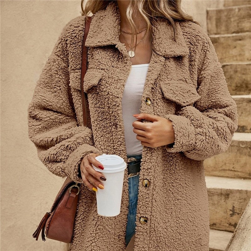 Solid Color Lapel Woolen Open-Front Overcoat