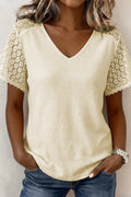 Beige Lace Splicing Button Cutout V Neck Waffle Knit Blouse