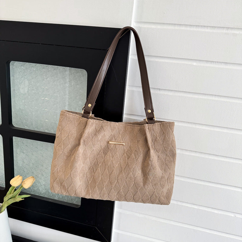 Women's Quilted Fabric Tote Bag – Minimalist Shoulder Bag with Diamond Pattern | Black, Beige, Khaki, Green