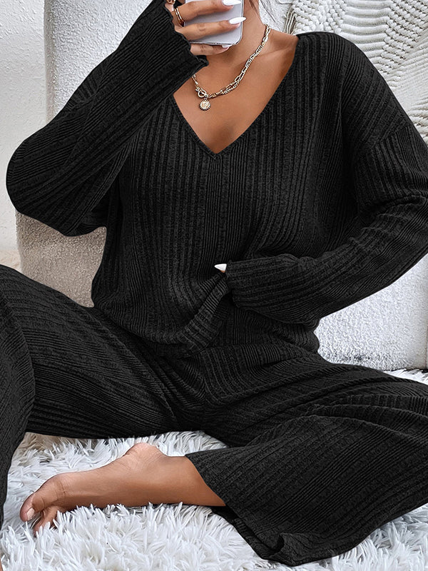 Long Sleeves Loose Solid Color V-Neck Shirt Top + Pants Bottom Pajama Sets