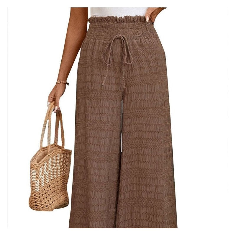 Textured Solid Color Wide Leg Casual Trousers