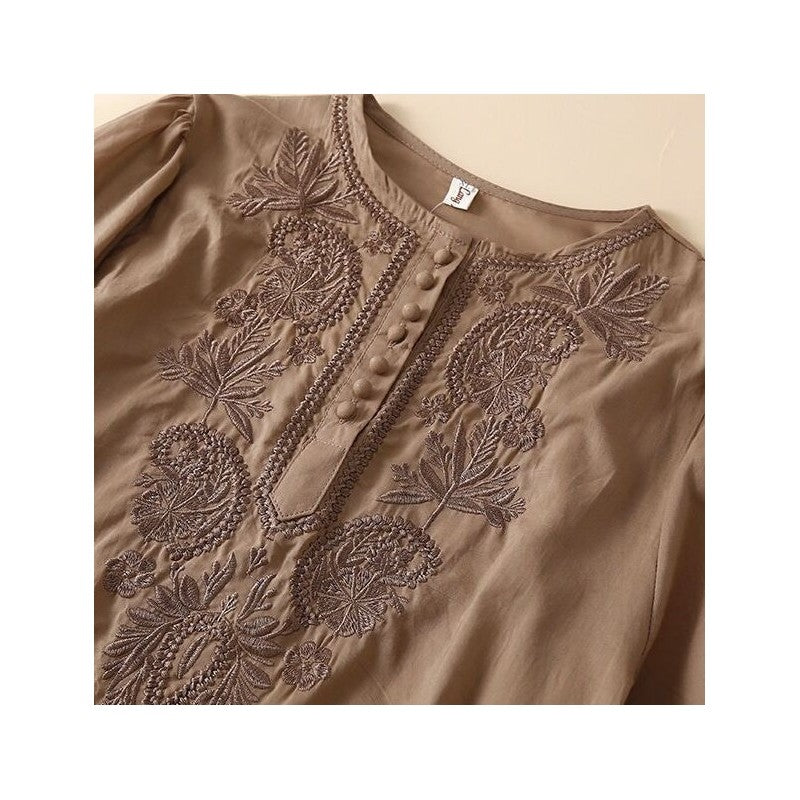 Embroidered Cotton Linen Loose Fit Round Neck Top