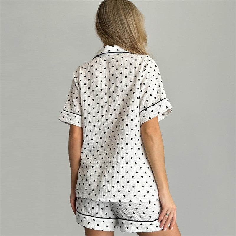 Heart Print Short Sleeve Pajama Set for Women - Breathable Fabric