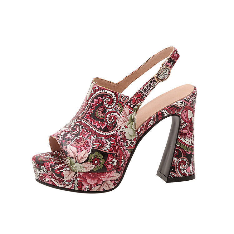Women's Peep Toe Platform Heels - Thick Sole High Heel Sandals with Buckle Closure