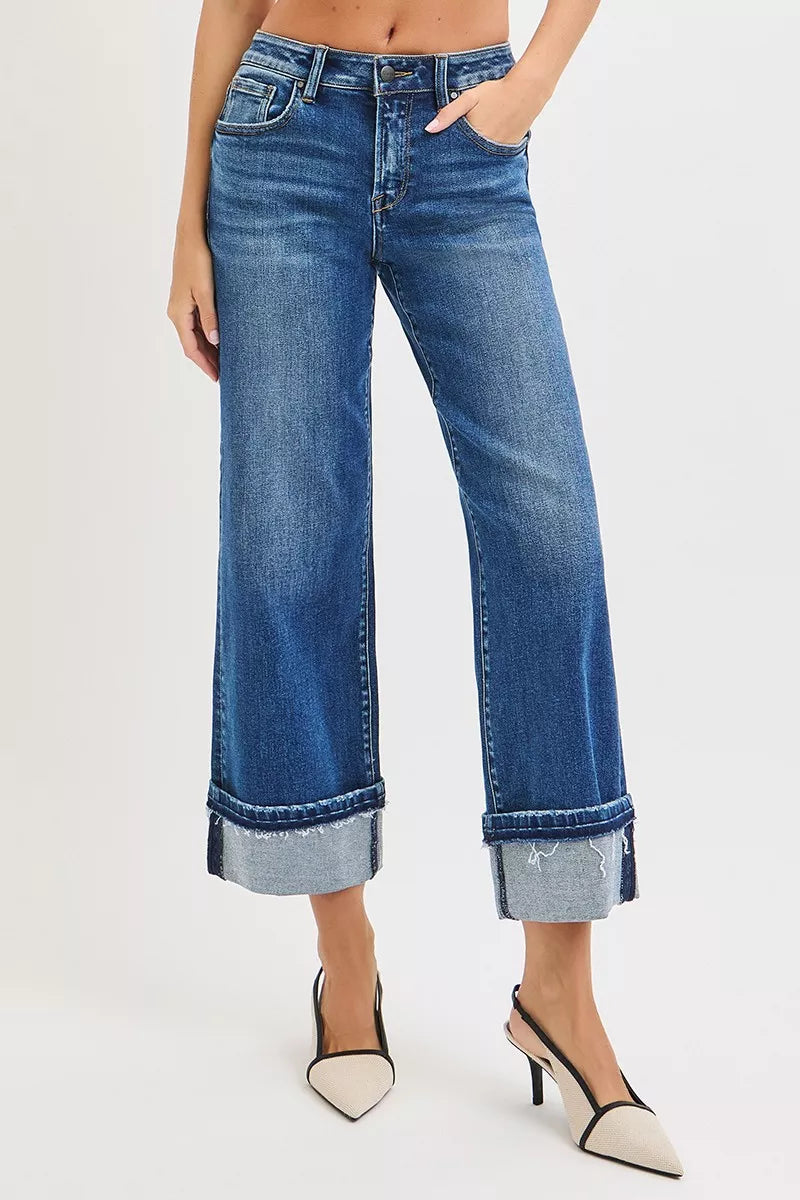 Mid Rise Ankle Straight Jeans with Cuffed Hem