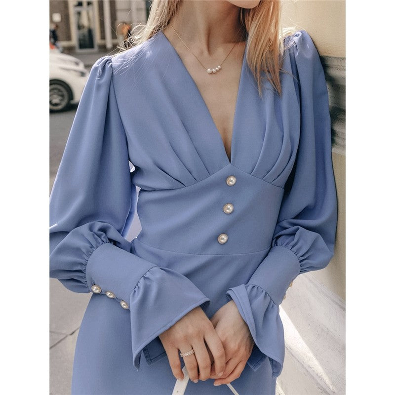 Vibrant V-Neck Midi Dress with Lantern Sleeves and High Waist